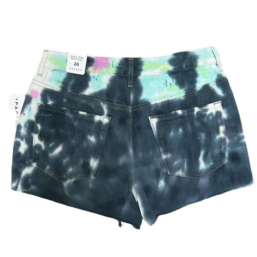 NWT Pacsun Tie Dye High Waisted Denim  Festival Shorts Size 26 Colorful Jeans - Picture 5 of 15